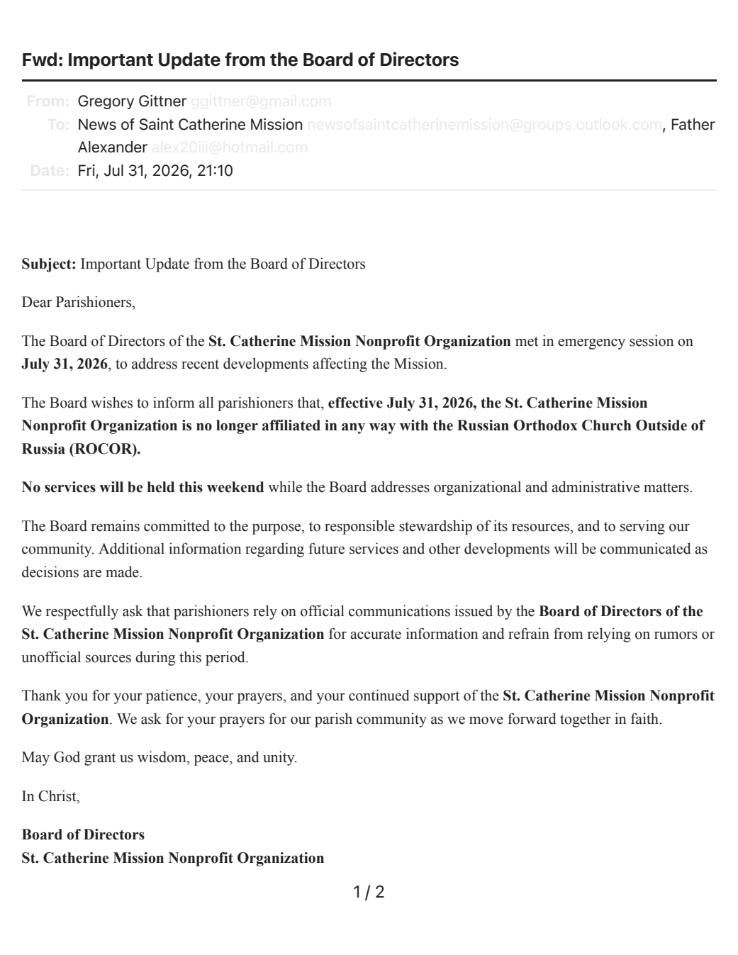 Original July 31, 2026 email from the St. Catherine Mission Nonprofit Organization Board of Directors announcing that the organization was no longer affiliated with ROCOR.